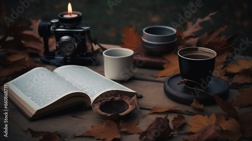 Cozy and boho autumn picnic in the colorful forest with a soft warm blanket and cup of coffee 