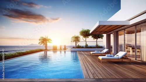 Modern luxury building with wood terrace © Cybonix