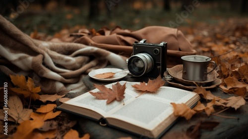 Cozy and boho autumn picnic in the colorful forest with leaves, book and coffee 