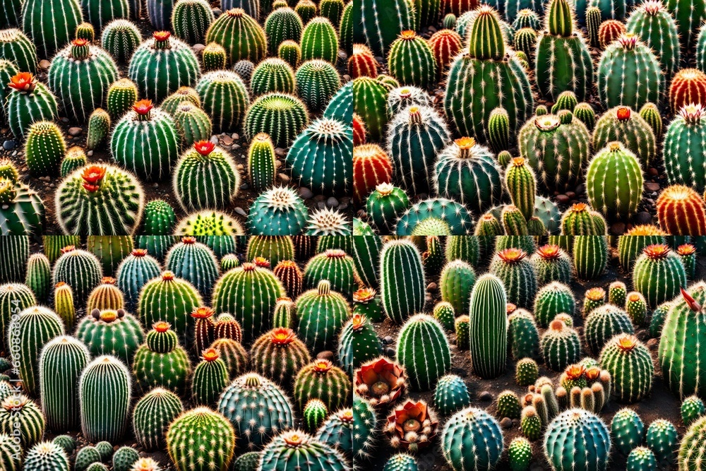 A cactus garden with a variety of prickly plants and their unique shapes and sizes. A cactus garden with a variety of prickly plants and their unique shapes and sizes.