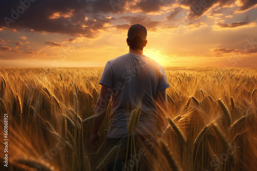 A man is in a wheat field looking at the sunset