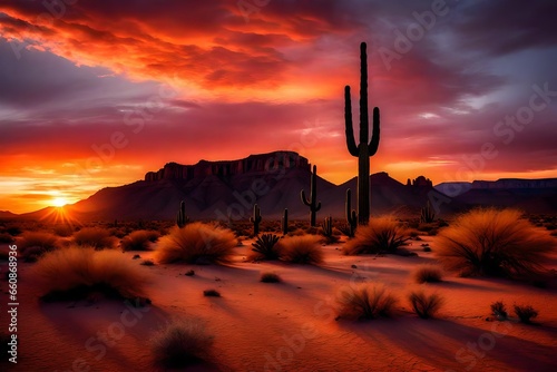 A desert landscape with a solitary saguaro cactus silhouetted against a fiery sunset sky.