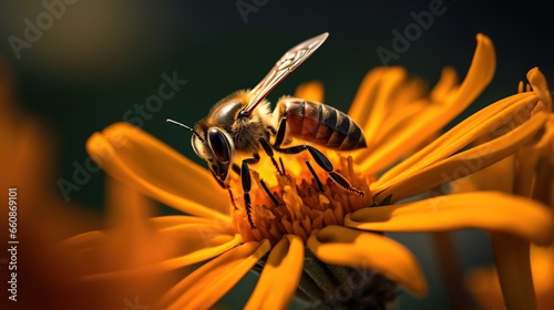 A bee is perched on a flower, sucking the nectar from the flower with a natural background © Beny