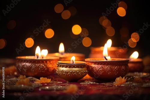 Festive Diwali festival design. Burning candles. Indian style.