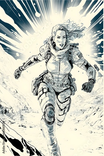female futuristic winter soldier charging in wild attach roaring short light hair front view endless expance of blurry arctic landscape in the background camo mech camera view top down dystopian  photo