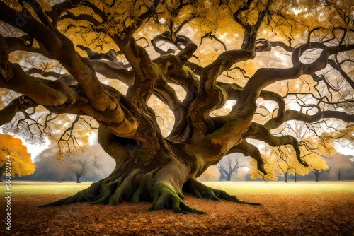 A majestic oak tree with gnarled branches and a carpet of fallen leaves underneath.