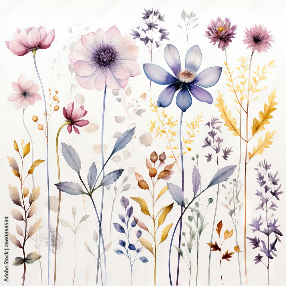 Obraz premium Modèle aquarelle sans couture avec fleurs sauvages éthérées, feuilles. Plantes sauvages, fleurs, branches. fond floral naturel. IA générative, IA