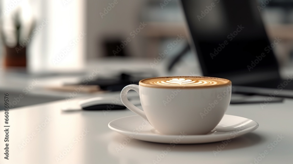 cup of coffee on work desk with laptop, Business and finance concept. Workplace