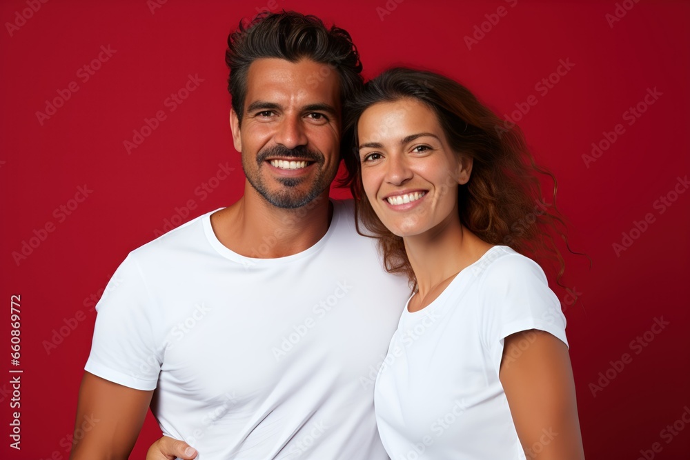 Portrait of a happy couple wearing blank white t-shirt isolated on a red background. Generative AI. Portrait of a happy couple wearing blank white t-shirt isolated on a red background. Generative AI.