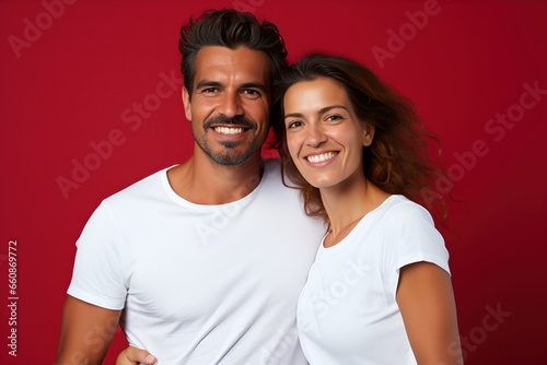 Portrait of a happy couple wearing blank white t-shirt isolated on a red background. Generative AI.