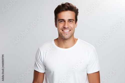 Handsome male model posing on a colored background in casual clothing. Generative AI.