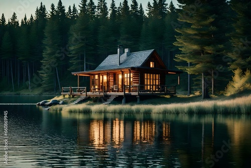 A tranquil lakeside cabin surrounded by pine trees, with a canoe on the shore.