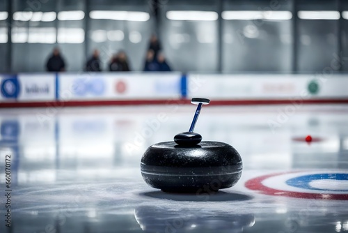 A curling stone gliding gracefully on the ice towards the target.
