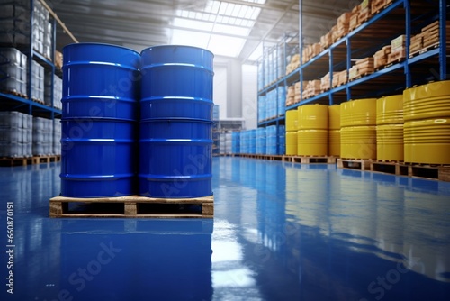 Blue drum on pallets filled with liquid chemicals in warehouse for customer delivery. Chemical production and industrial concept. Generative AI