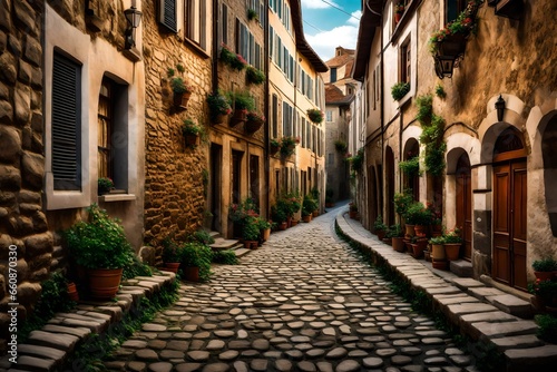 A narrow cobblestone alleyway in an ancient European town, lined with charming old buildings.