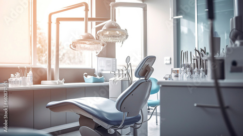 Environment Studio Dentistico. Medical office. Minimalist design. Front and close view. Copy space.Dental room. Generative AI photo