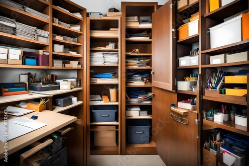 A well-organized office supply closet with shelves of stationery and equipment.