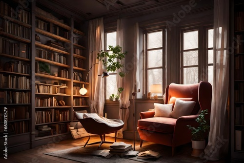 A cozy reading nook by a window with a comfortable armchair, bookshelves, and soft lighting.