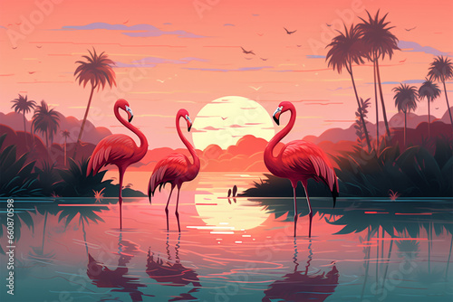 vector illustration of flamingo view on the lake