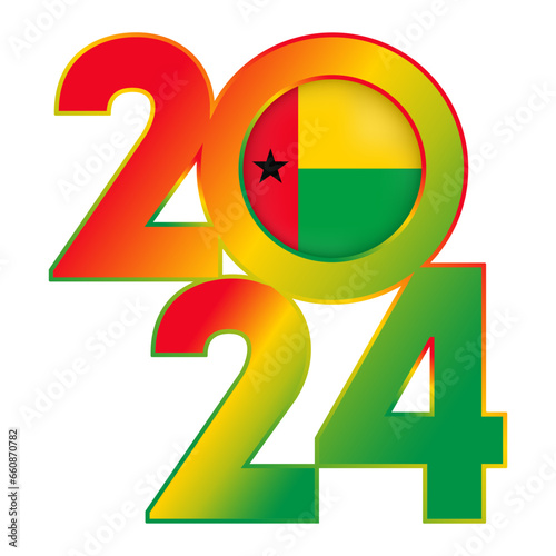Happy New Year 2024 banner with Guinea Bissau flag inside. Vector illustration.