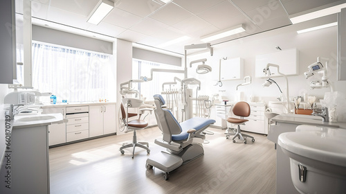 Environment Studio Dentistico. Medical office. Minimalist design. Front and close view. Copy space.Dental room. Generative AI