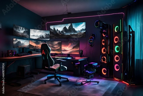 A high-end gaming setup with a gaming chair, multiple screens, and RGB lighting. photo
