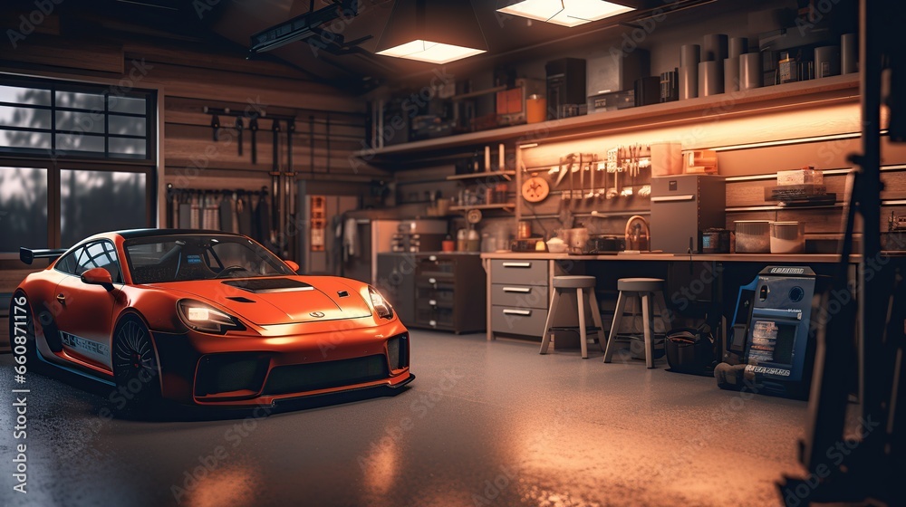 sports car garage complete with workshop equipment - obrazy, fototapety, plakaty 