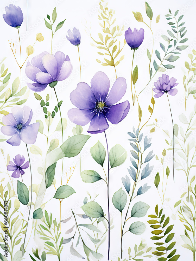 Obraz premium Modèle aquarelle sans couture avec fleurs sauvages éthérées, feuilles. Plantes sauvages, fleurs, branches. fond floral naturel. IA générative, IA