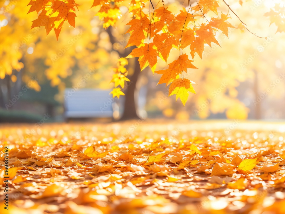 Natural autumn background. Beautiful orange and golden autumn leaves against a blurry park in sunlight with beautiful bokeh. 