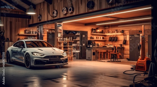 sports car garage complete with workshop equipment