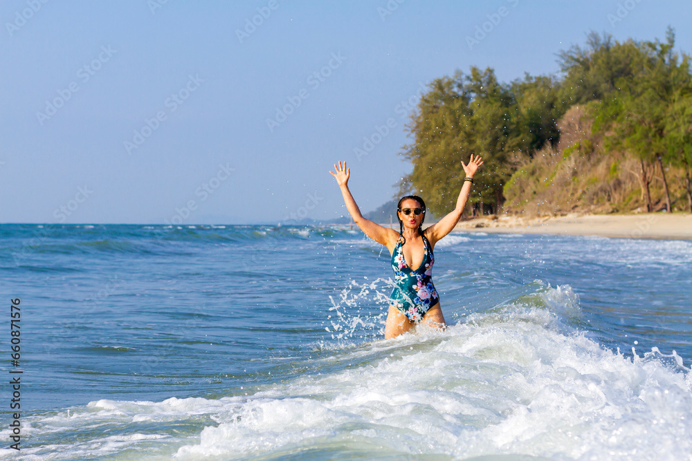 Woman body beautiful with swimsuit relax at beach Woman body beautiful with swimsuit relax at beach