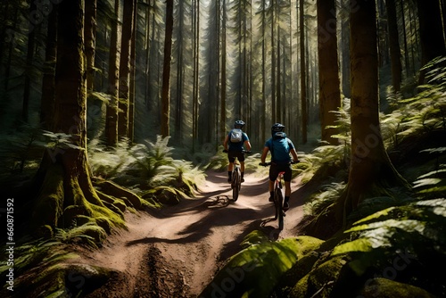 A mountain biker navigating a rugged trail through a dense forest.
