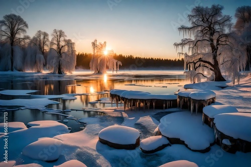 A frozen lake with icicles hanging from the shoreline trees at sunset.