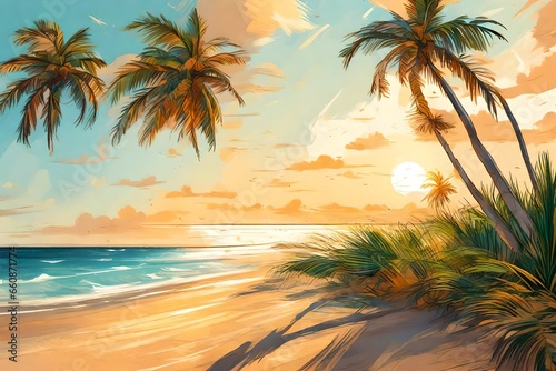 A sun-drenched beach with palm trees swaying gently in the breeze.