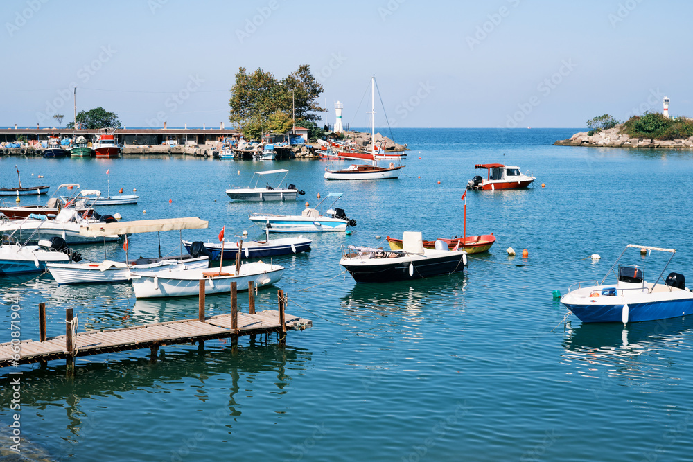 Fishing boats moored at Akcakoca harbor in Duzce province, Turkey.