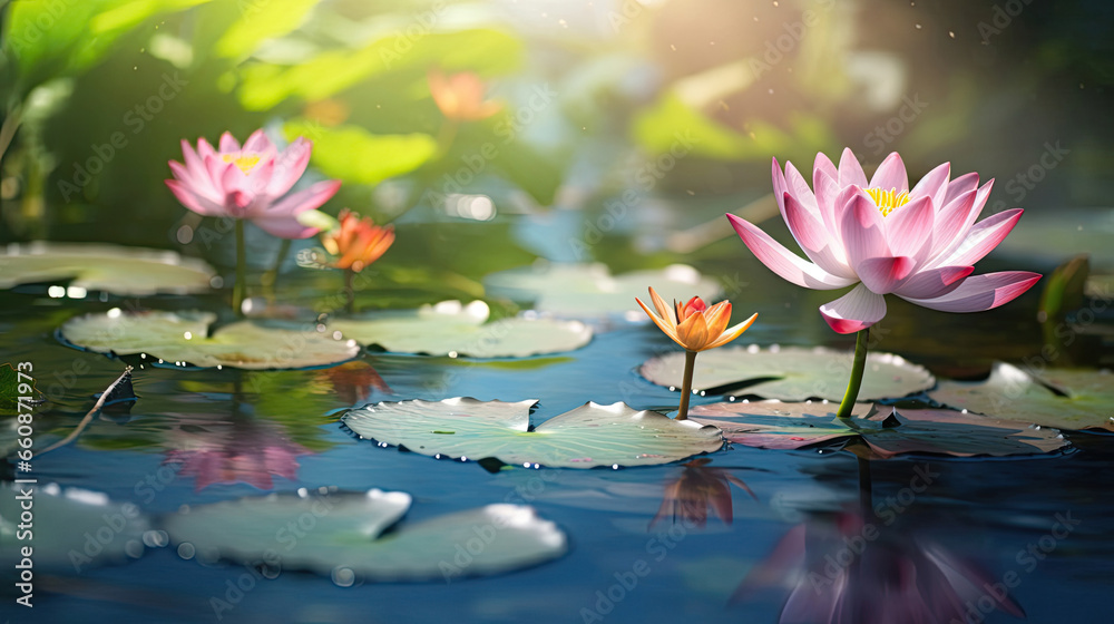 pink water lilies in pond in spring