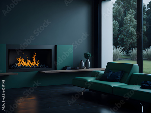modern villa fireplace, luxury house, green and blue petroil living room photo