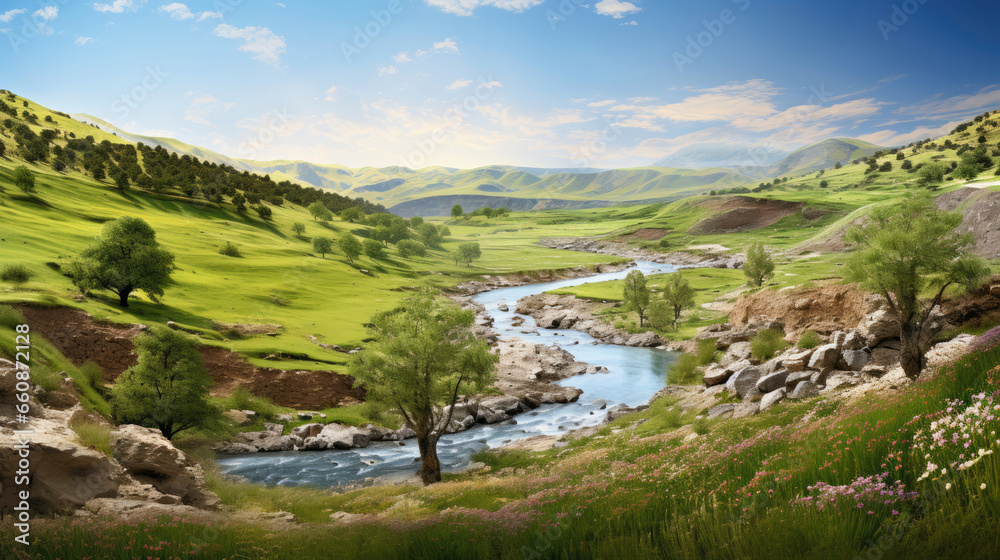 Naklejka premium landscape with river and mountains