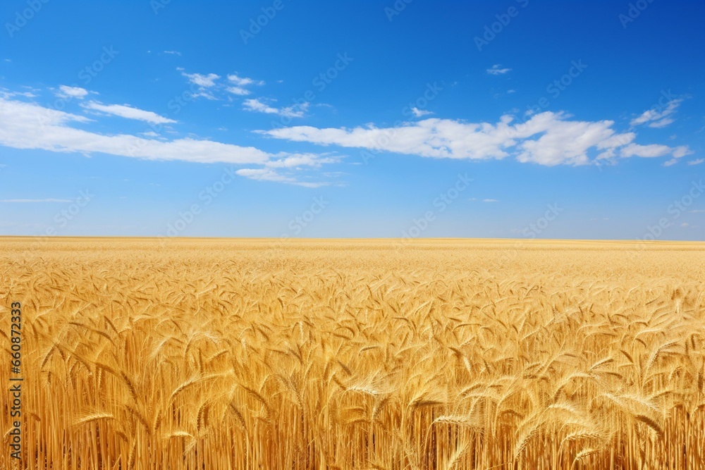 An image of a vast wheat field under a clear blue sky. Generative AI