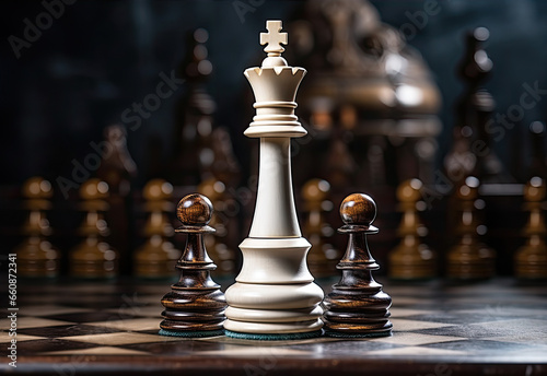 gold chess piece in the middle of a chess board, in the style of photorealistic surrealism