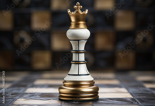 gold chess piece in the middle of a chess board, in the style of photorealistic surrealism