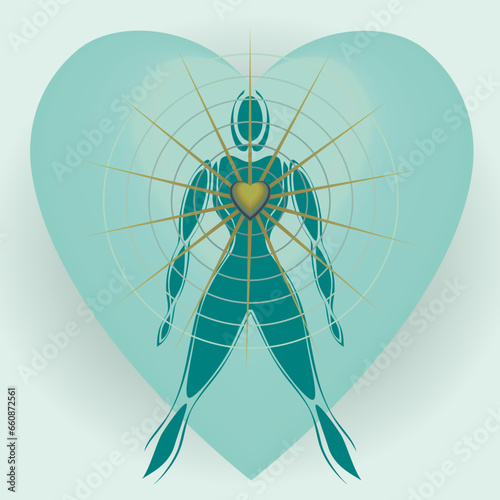 Corps Humain avec Grand Coeur et Rayons de Lumière, Radiation Méditation Relaxation Expansion Santé Cohérence Cardiaque