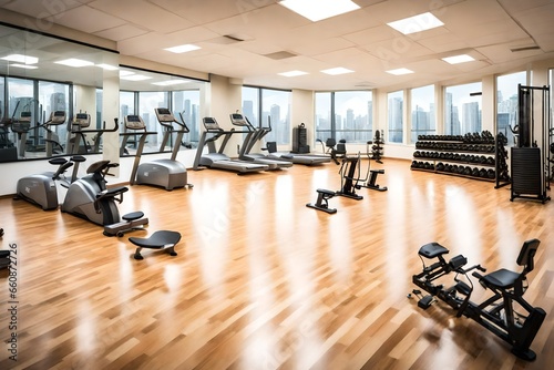 A well-lit gym floor with gleaming exercise equipment arranged neatly.