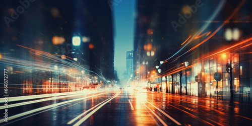 Abstract blurred night street lights background. Defocused image of a city street at night. 