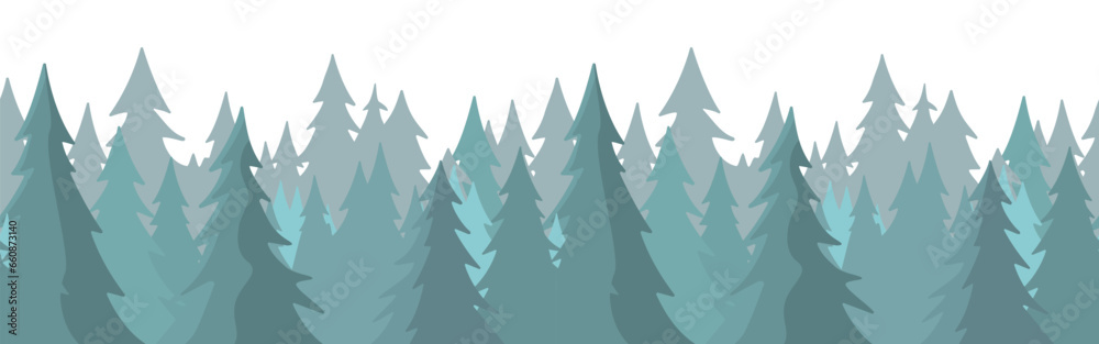 Forest panorama view. Pine tree landscape vector illustration. Spruce silhouette. Banner background. Fog evergreen coniferous trees.