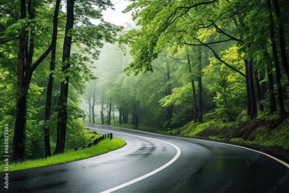 Road in foggy forest in rainy day in spring Road in foggy forest in rainy day in spring