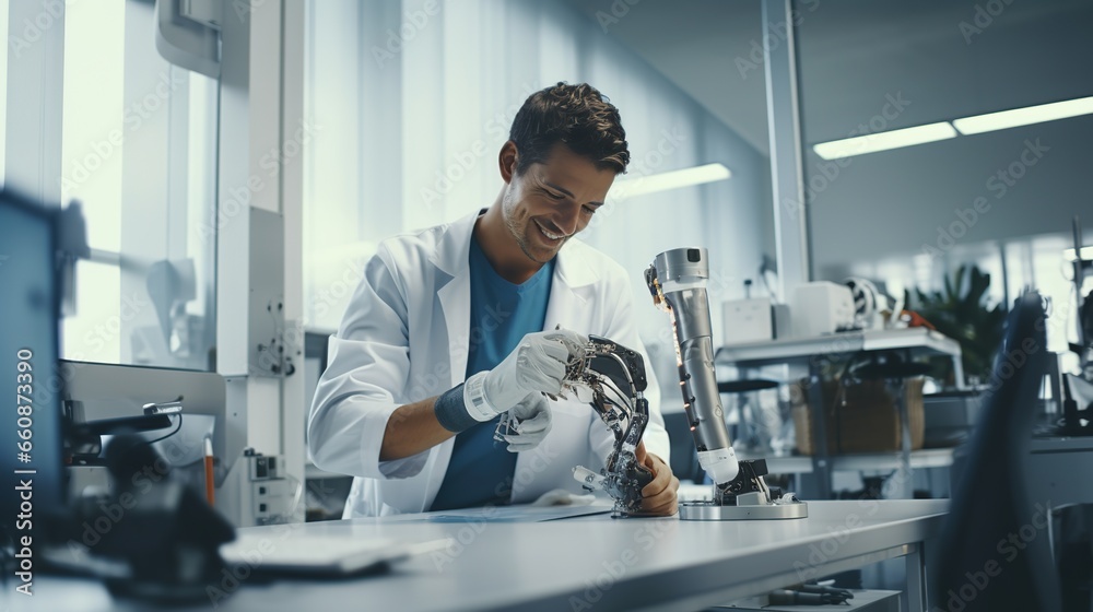 Naklejka premium Medical technology: Portrait of a young prosthetic technician holding a prosthetic part and checking the quality of the prosthetic leg and making adjustments while working in a modern laboratory.