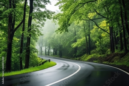Road in foggy forest in rainy day in spring