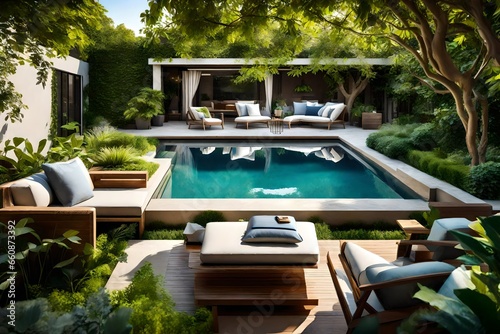 A backyard oasis with a swimming pool, lounge chairs, and lush greenery all around. © Tae-Wan