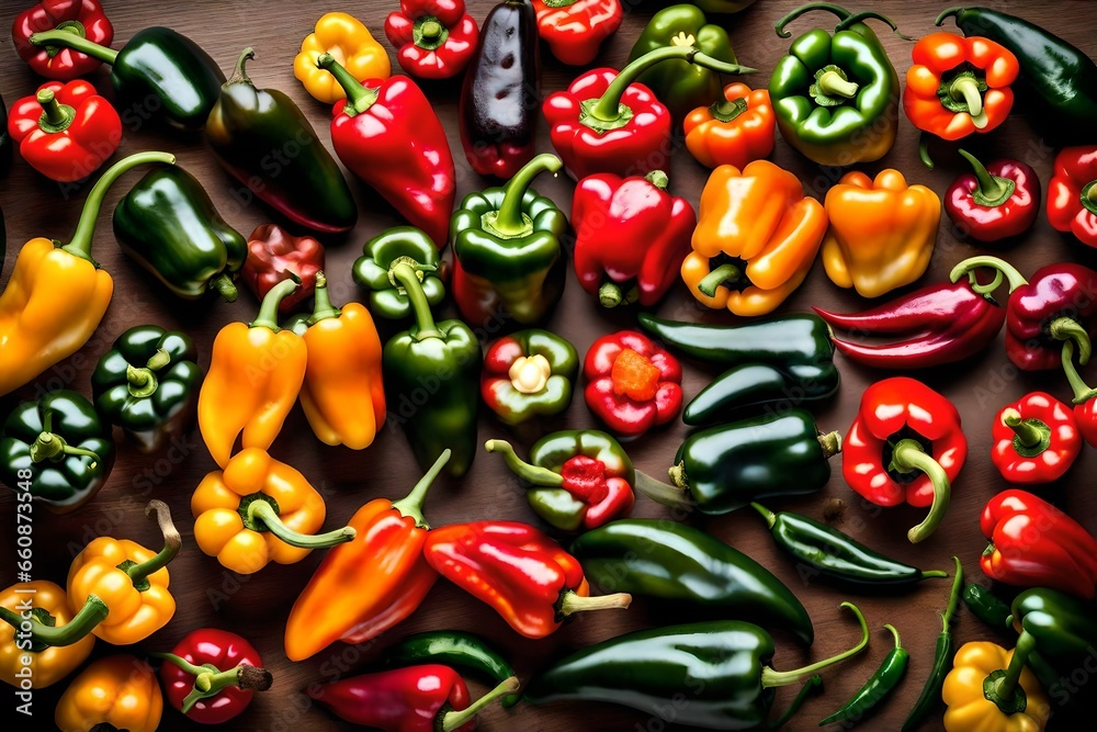 A collection of assorted colorful peppers, including poblano, jalape?+/-o, and habanero.